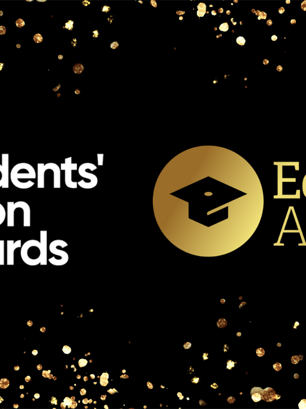 Black background with gold glitter and two logos. first one reads Students' Union Awards and the sec