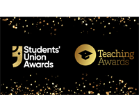 Black background with gold glitter and two logos. first one reads Students' Union Awards and the sec